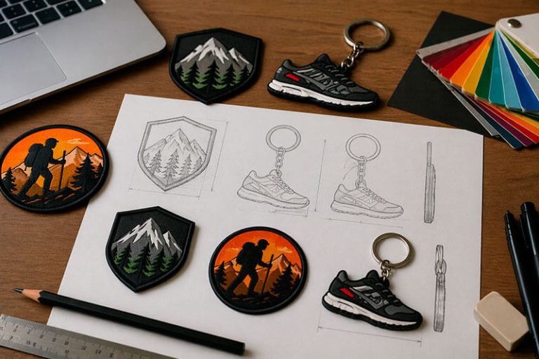 Diseño de parches y llaveros personalizados con bocetos y muestras