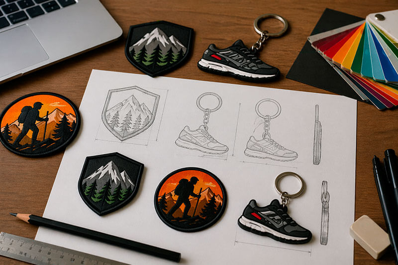 Diseño de parches y llaveros personalizados con bocetos y muestras