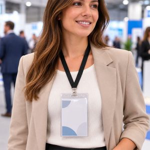 Mujer con porta acreditación transparente vertical sujeto a un lanyard